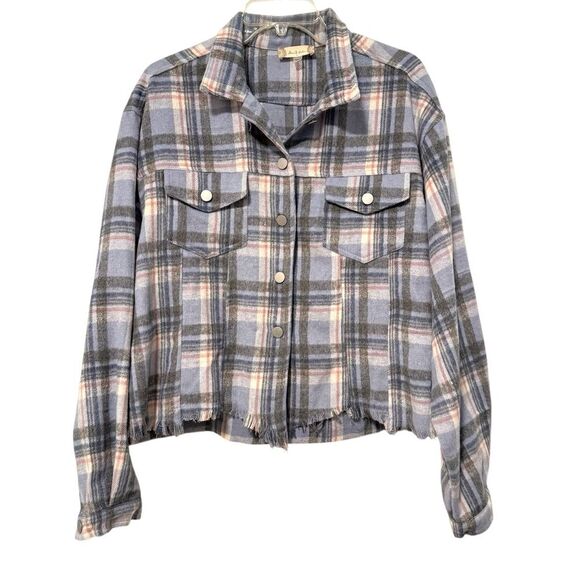 Altar'd State Tops - Altar'd State Flannel Long Sleeve Fringe Hem Button Up Top Blue Pink Plaid Large